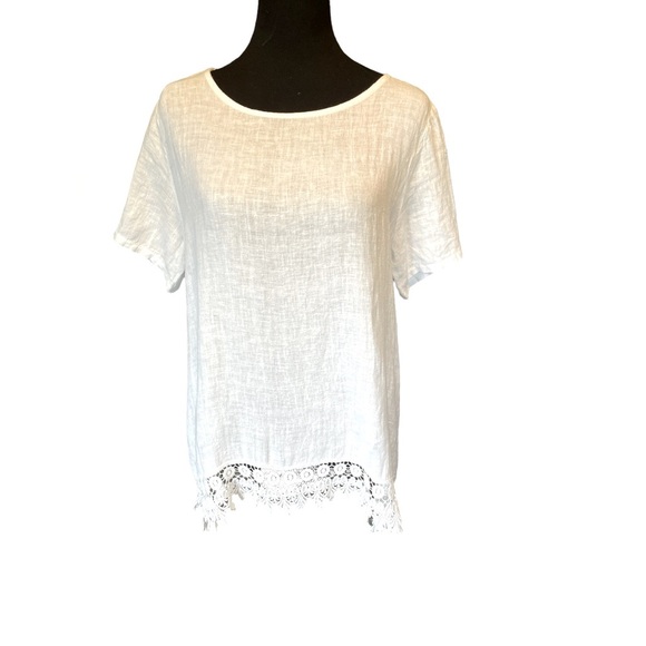Terzo Millennio White Linen Top With Crocheted Lace Hem, Size Large, Bohochic - Picture 3 of 5